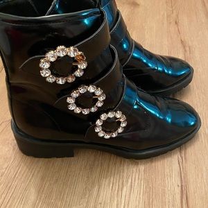 Black sleek rhinestone buckle boots